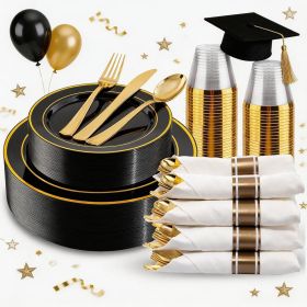 175PCS Black and Gold Plates - Black Disposable Plates for Party - 25Guests Disposable Dinnerware Set for Graduation Wedding Party Birthday
