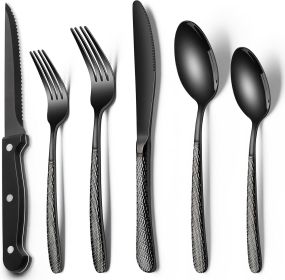 24-Piece Black Silverware Set with Steak Knives, Black Flatware Set for 4, Food-Grade Stainless Steel Tableware Cutlery Set