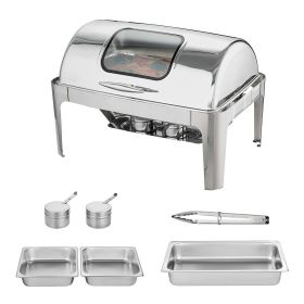 Roll Top Chafing Dish Buffet Set, 9 Qt, Stainless Steel Chafer with 2 Half Size Pans